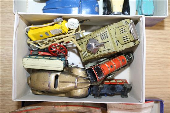 Various pre-war Dinky cars, tinplate toys, two mickey mouse felt toys, boxed street gas lamp etc